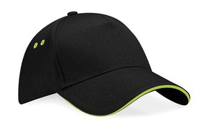 Beechfield B15C - Gorra Ultimate de 5 paneles - Pico Sandwich Black/Lime Green