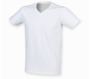 Skinnifit SF122 - Camiseta de hombre de algodón elástico con cuello de pico Blanco
